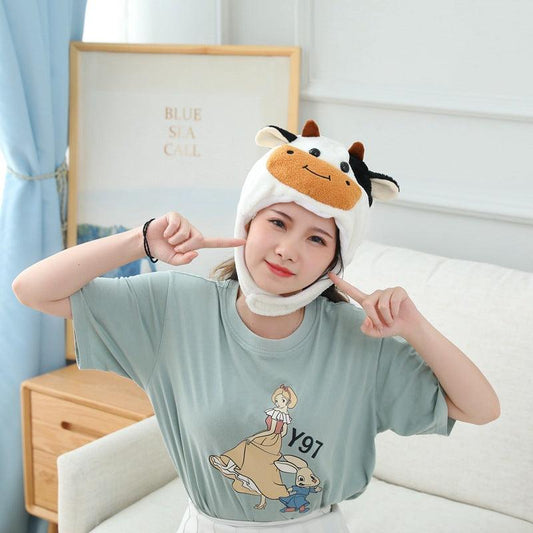 Plush Toy Animal Doll Short Cute Cow Head Cap - Plushies