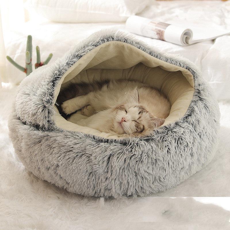 Round Half Open Warm and Soft Plush Cat Bed - Plushies