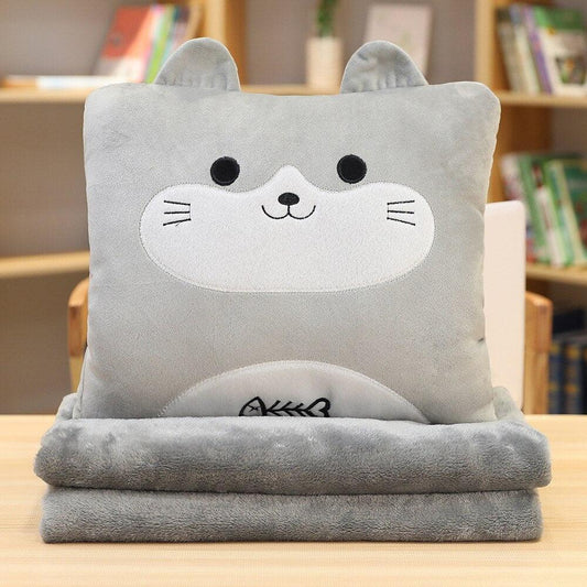 Adorable Stuffed Animal Cat, Dog & Dinosaur Plush Toy Cushion with Blanket - Plushies