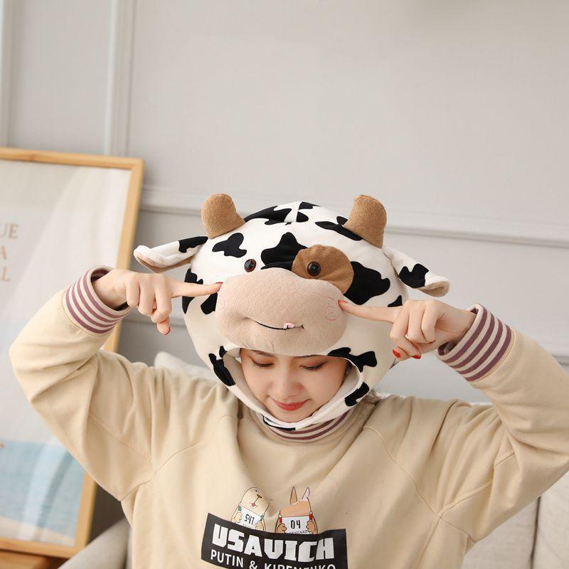 Funny Soft Spot Cow Head Plush Toy Hat, Stuffed Animal Plush Hats - Plushies