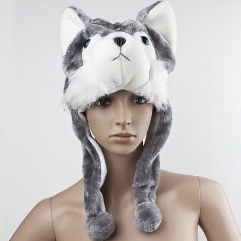 Cartoon Animal Husky Wolf Fluffy Plush Hat Cap Scarf Earmuffs - Plushies