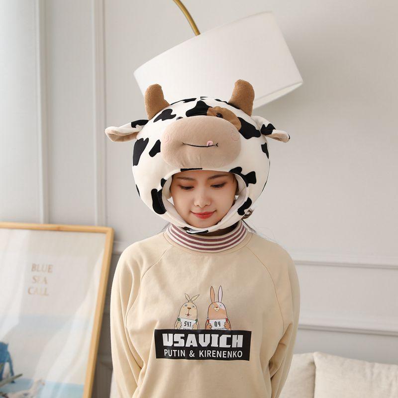 Funny Soft Spot Cow Head Plush Toy Hat, Stuffed Animal Plush Hats - Plushies