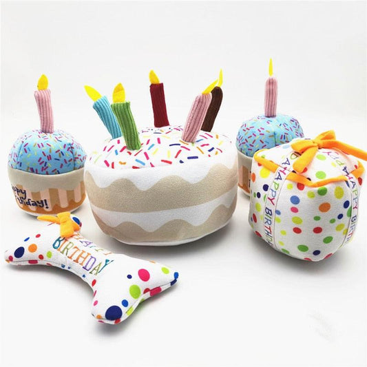 Cute Pet Squeaky Prank Plush Toys, Happy Birthday Cake Stuffed Dog Toys - Plushies