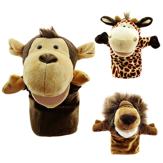 Animal Hand Puppets (Set Of 3) Giraffe Lion And Monkey (Large Movable Mouths) - Plushies