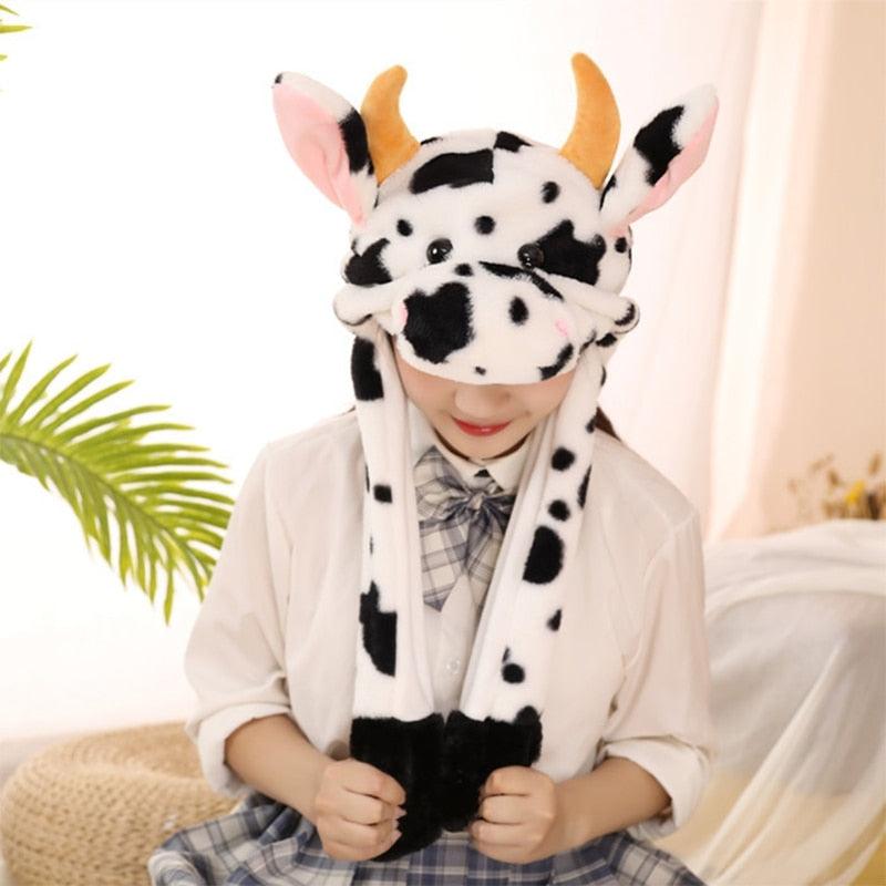 Cute Cow Animal Plush Hat with Moving Ears Winter Fluffy Stuffed Earflap Cap - Plushies