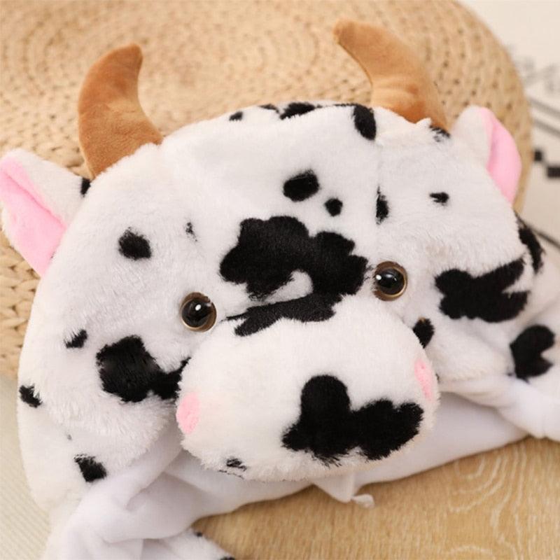 Cute Cow Animal Plush Hat with Moving Ears Winter Fluffy Stuffed Earflap Cap - Plushies