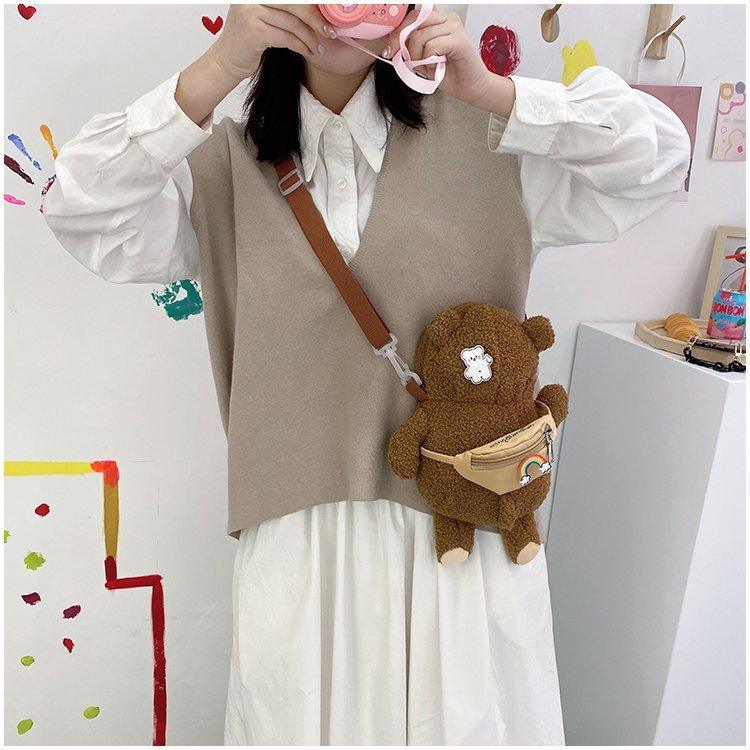 Ulzzang Harajuku Cute Bag, Women Plush Fanny Pack Bear Crossbody Bag - Plushies